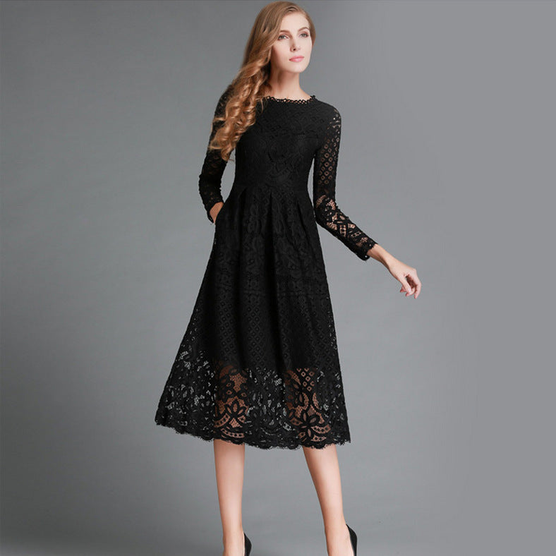 European & American Hollow Lace Dress Mid-Length A-Line