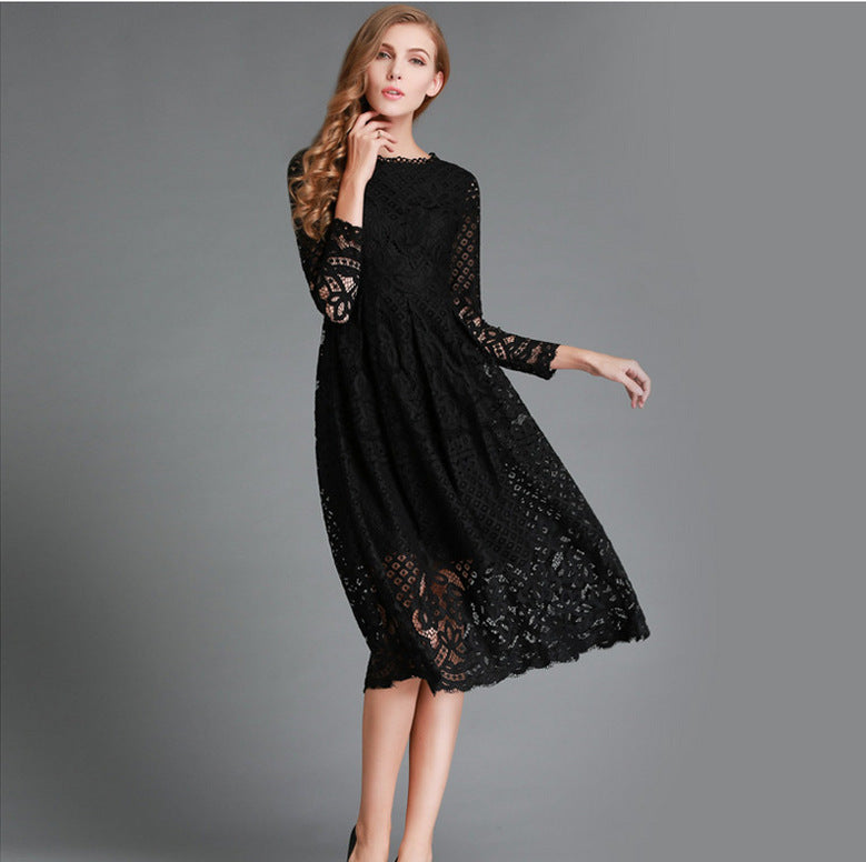 European & American Hollow Lace Dress Mid-Length A-Line