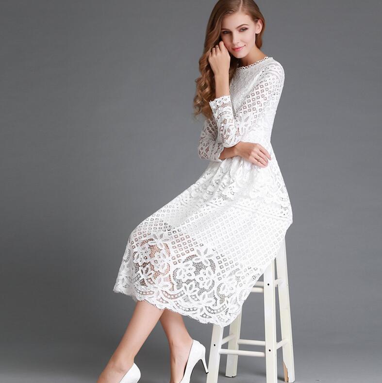 European & American Hollow Lace Dress Mid-Length A-Line