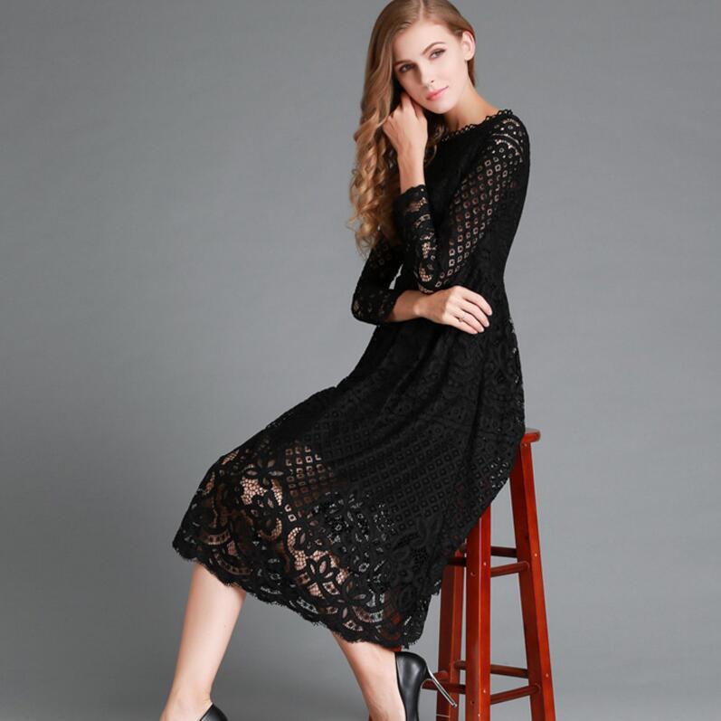 European & American Hollow Lace Dress Mid-Length A-Line