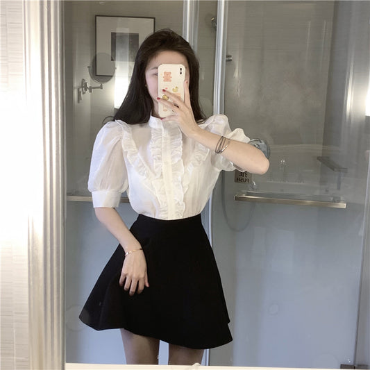 White Short Sleeve Shirt Summer French Thin Bubble Sleeve Top