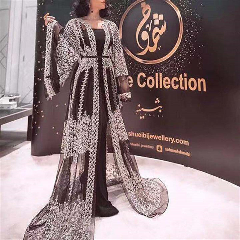 Robe de soirée rétro du Moyen-Orient en dentelle avec col en V plongeant
