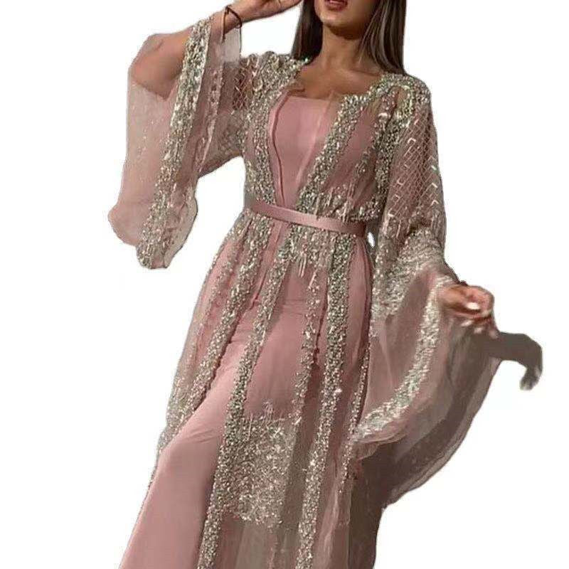 Robe de soirée rétro du Moyen-Orient en dentelle avec col en V plongeant