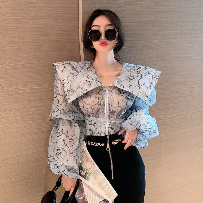 Elegant Large Lapel Puff Sleeve Flower Shirt Blouse, One Size, Blue & Pink