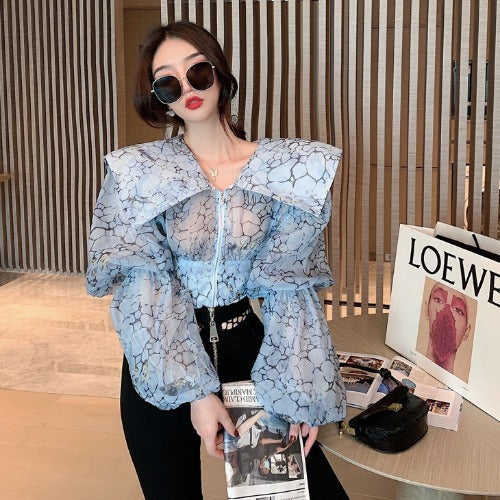 Elegant Large Lapel Puff Sleeve Flower Shirt Blouse, One Size, Blue & Pink