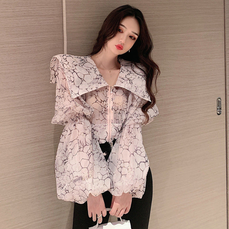 Elegant Large Lapel Puff Sleeve Flower Shirt Blouse, One Size, Blue & Pink