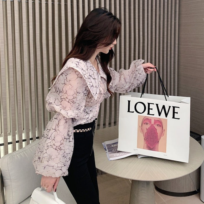 Elegant Large Lapel Puff Sleeve Flower Shirt Blouse, One Size, Blue & Pink