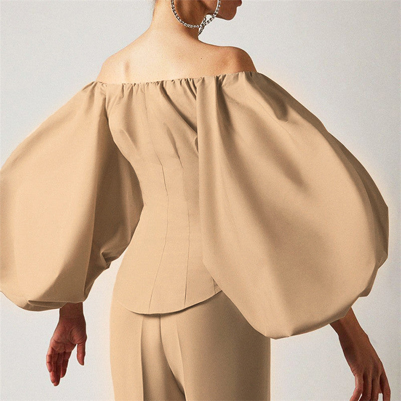 Long Sleeve Puff Lantern Sleeve Falling Shoulder European and American Women's Shirt