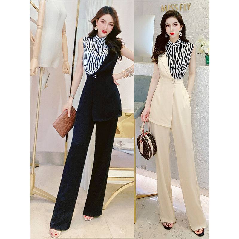 Zebra Pattern Stitching Irregular Suit Jumpsuit Trousers Women