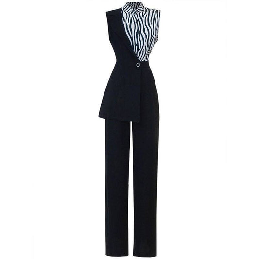 Zebra Pattern Stitching Irregular Suit Jumpsuit Trousers Women