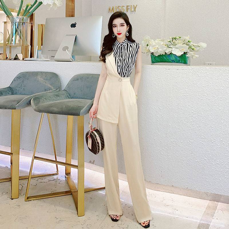 Zebra Pattern Stitching Irregular Suit Jumpsuit Trousers Women