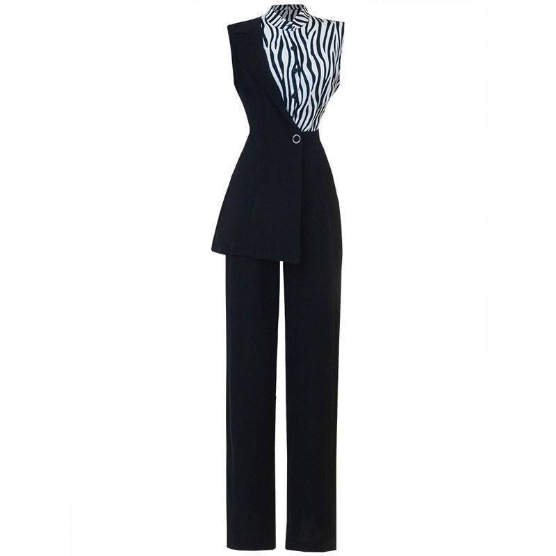 Zebra Pattern Stitching Irregular Suit Jumpsuit Trousers Women