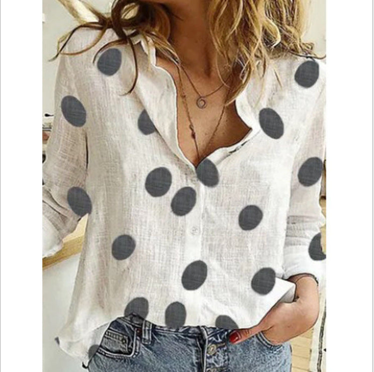 Polka Dot Cotton Linen Long Sleeve Shirt for Women