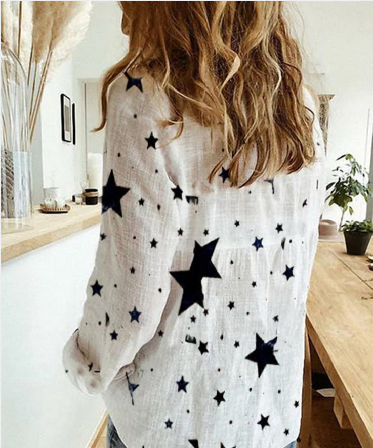 Polka Dot Cotton Linen Long Sleeve Shirt for Women