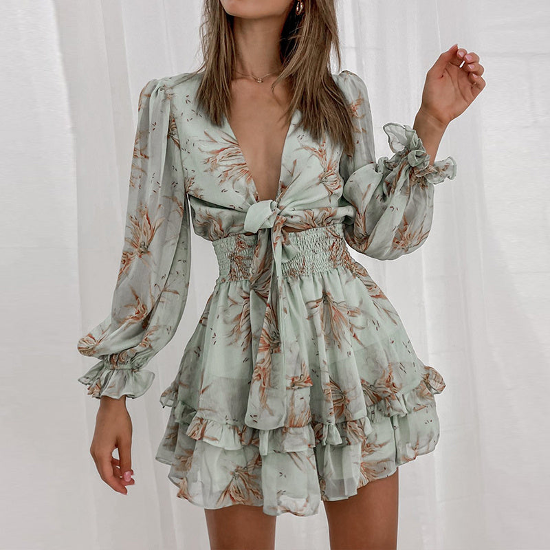Women’s Spring V Neck Chiffon Print Dress with Self-Tie Knot Front