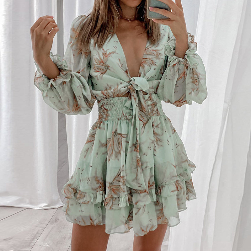 Women Spring V Neck Chiffon Print Dress Self-tie Knot Front