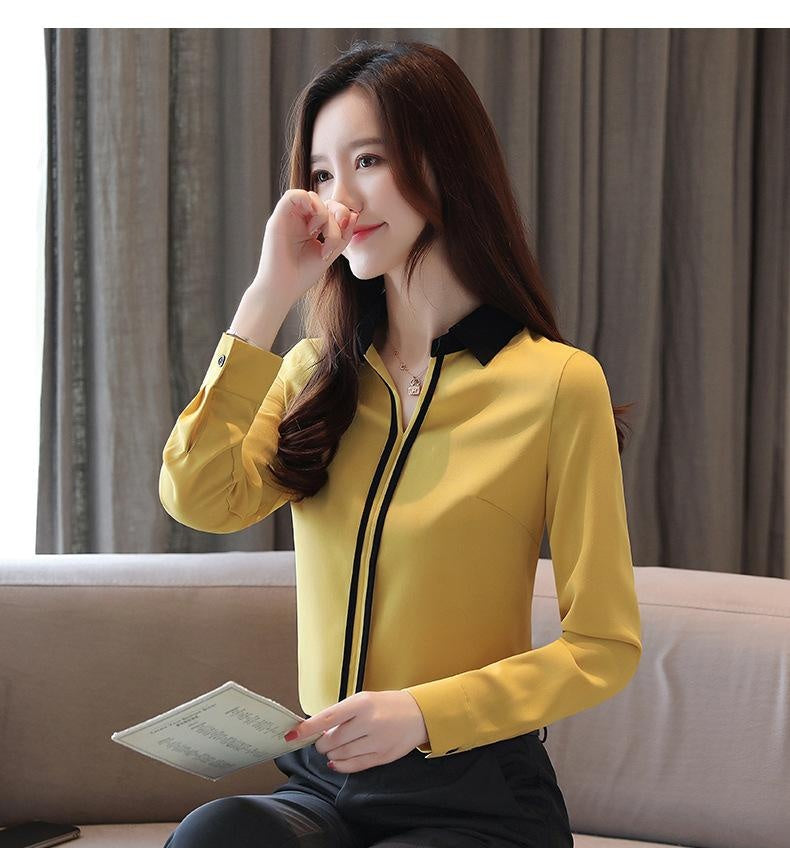 V-Neck Contrast Mid-Length Chiffon Blouse Pullover Shirt