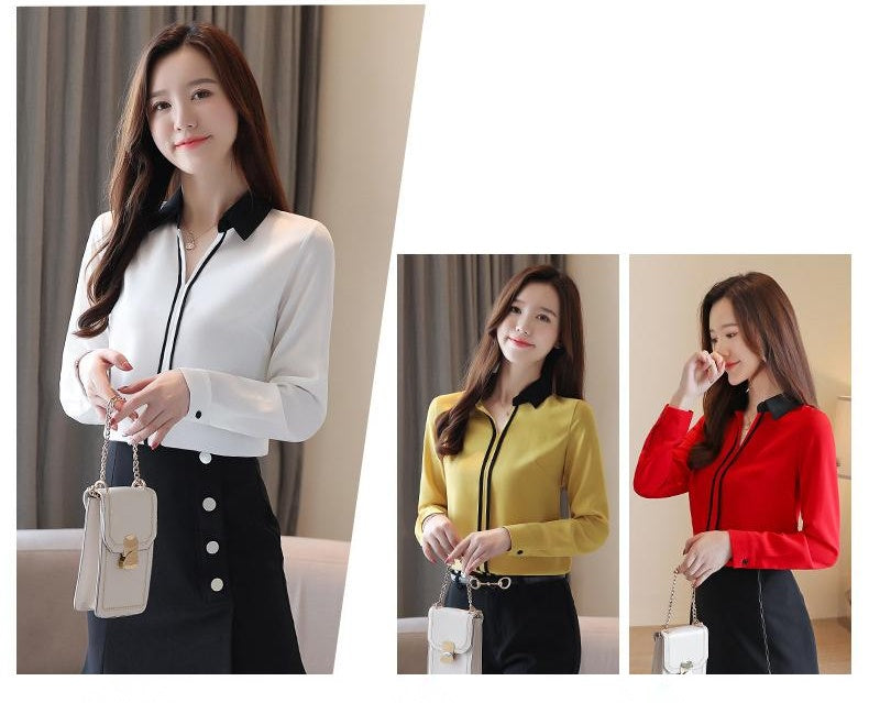 V-Neck Contrast Mid-Length Chiffon Blouse Pullover Shirt