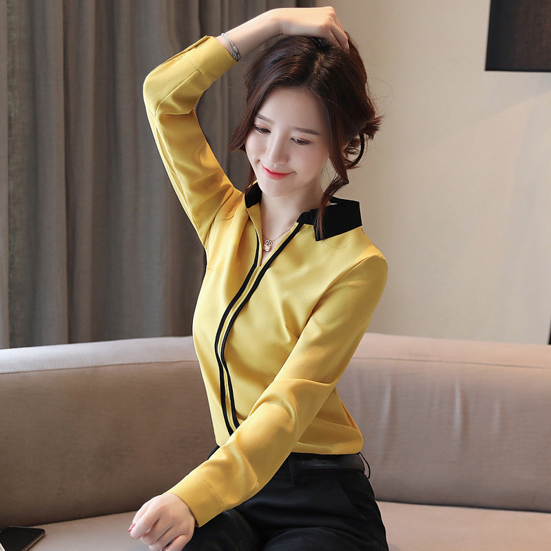 V-Neck Contrast Mid-Length Chiffon Blouse Pullover Shirt