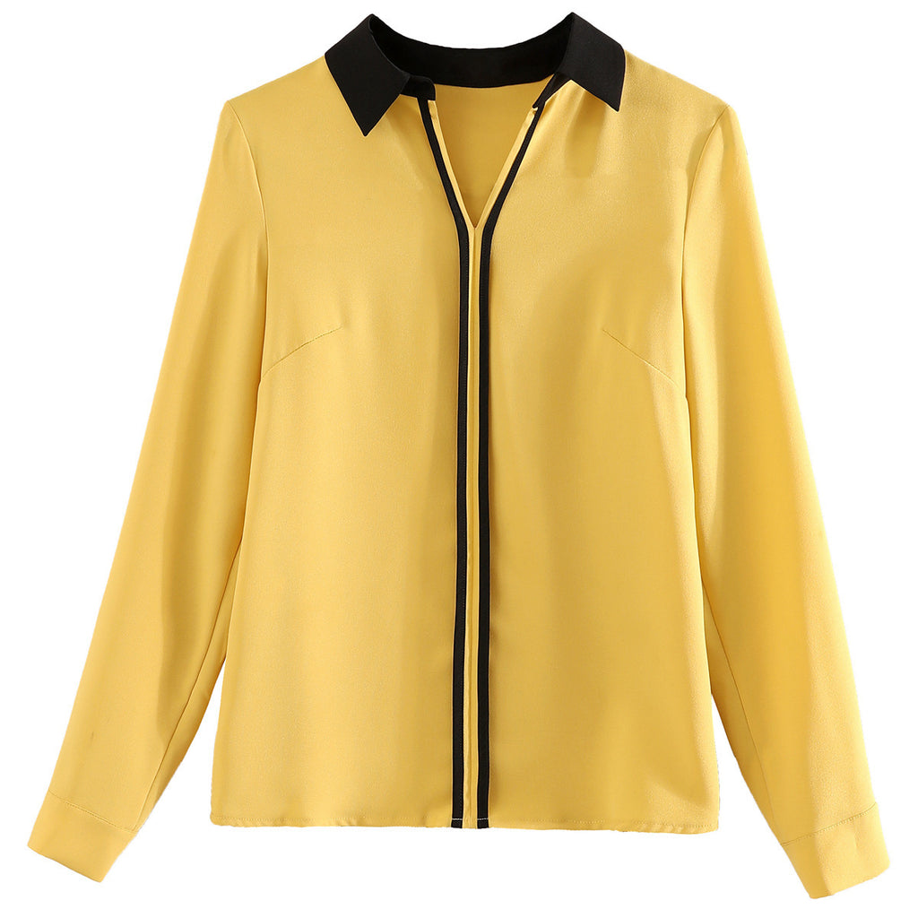 V-Neck Contrast Mid-Length Chiffon Blouse Pullover Shirt