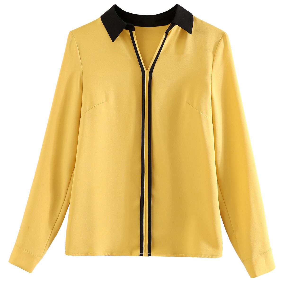 V-Neck Contrast Mid-Length Chiffon Blouse Pullover Shirt