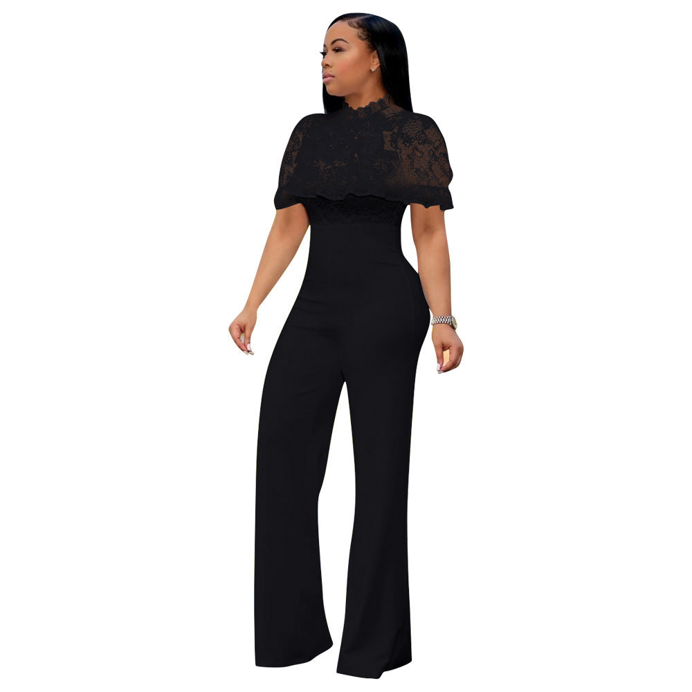 Sexy Lace High Waist Solid Color Jumpsuit