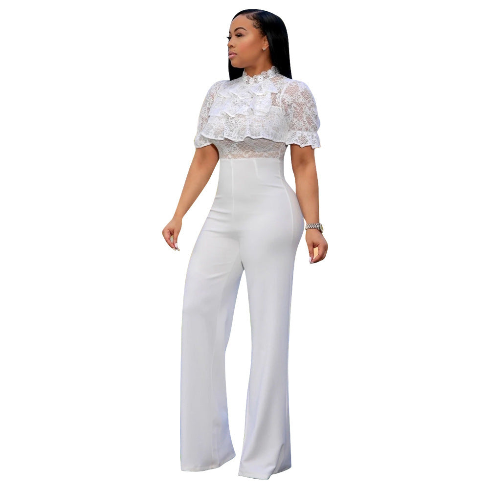 Sexy Lace High Waist Solid Color Jumpsuit