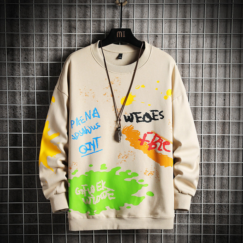 Men's Spring Cotton Sweater Coat Large Round Collar Graffiti Print