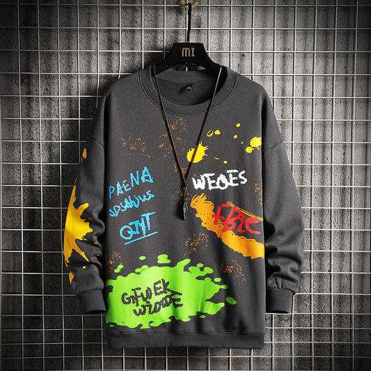 Sweater Men's Spring New Large Round Collar Sweater Coat Graffiti Printing Trend