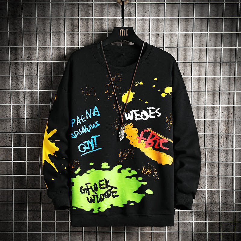 Men's Spring Cotton Sweater Coat Large Round Collar Graffiti Print