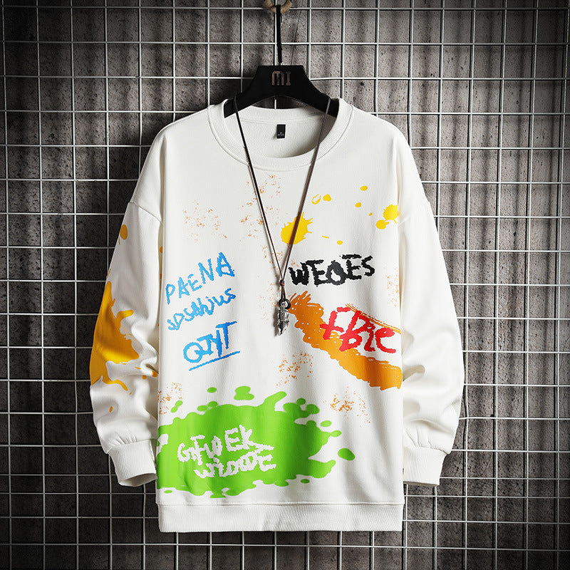 Men's Spring Cotton Sweater Coat Large Round Collar Graffiti Print