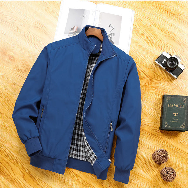 Men's Casual Blue Polyester Jacket with Stand-Up Collar and Zipper Placket