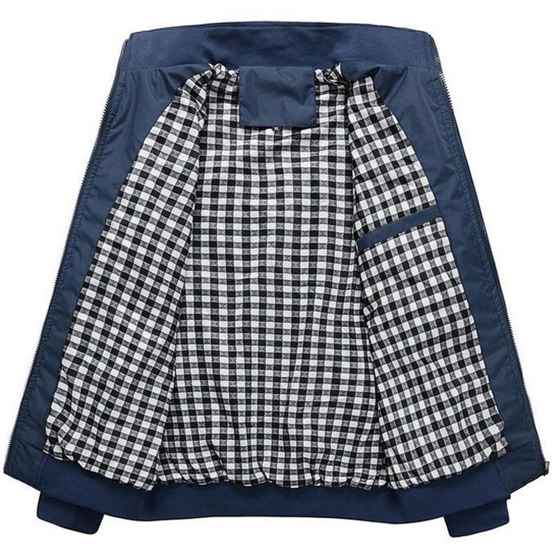 Men's Casual Blue Polyester Jacket with Stand-Up Collar and Zipper Placket