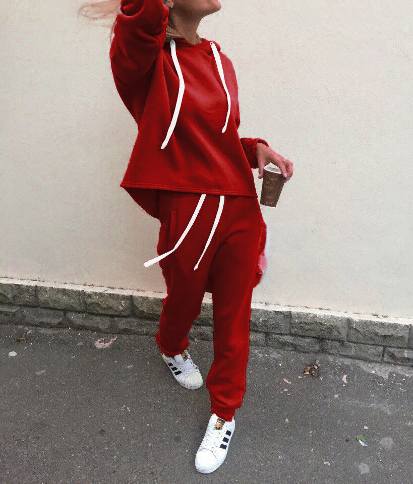 Casual Solid Color Drawstring Sweatshirt Sports Suit