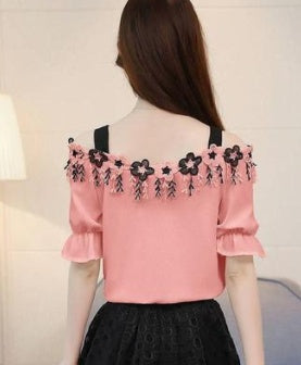 Shirt Fiminina Off Shoulder Lace Tassel Belt Bottom Tops & Blusas