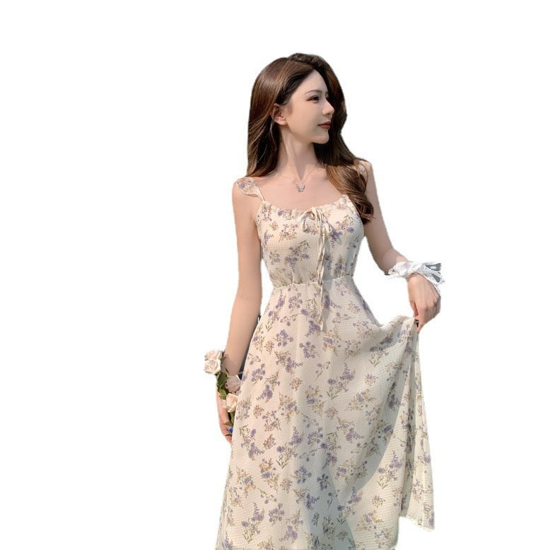 Women’s Summer French Elegant Chiffon Dress with Fragmentary Flower, Sizes S-M