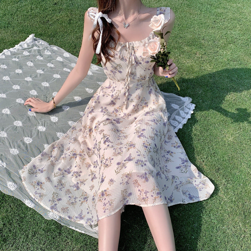 Women’s Summer French Elegant Chiffon Dress with Fragmentary Flower, Sizes S-M
