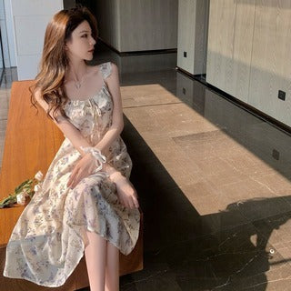 Women’s Summer French Elegant Chiffon Dress with Fragmentary Flower, Sizes S-M