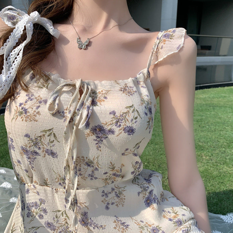 Women’s Summer French Elegant Chiffon Dress with Fragmentary Flower, Sizes S-M