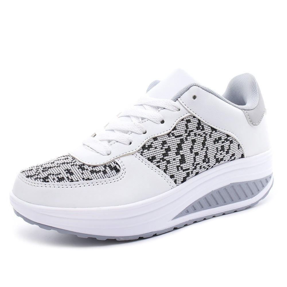 Women's Flying Woven Leather Sports Platform Shoes, Round Toe, Mesh Upper, White & Black, Sizes 35-42