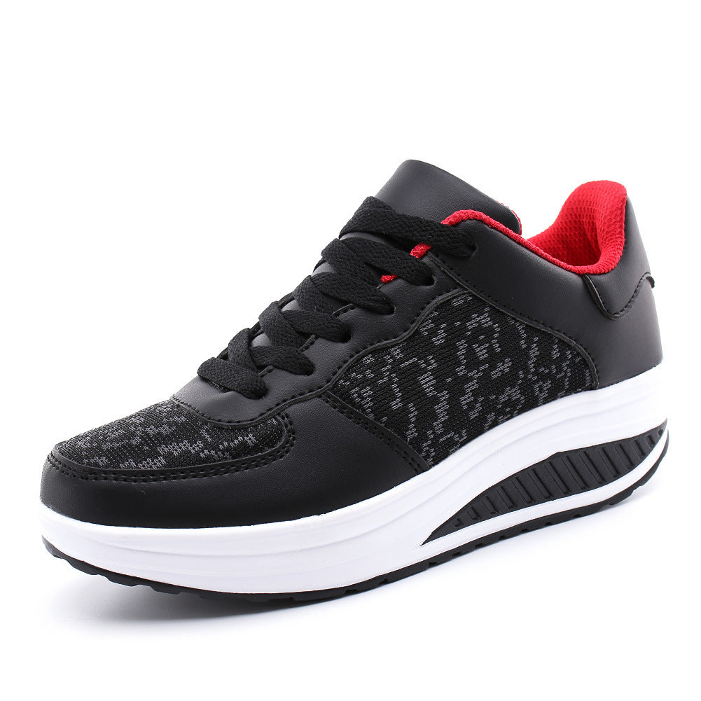 Women's Flying Woven Leather Sports Platform Shoes, Round Toe, Mesh Upper, White & Black, Sizes 35-42