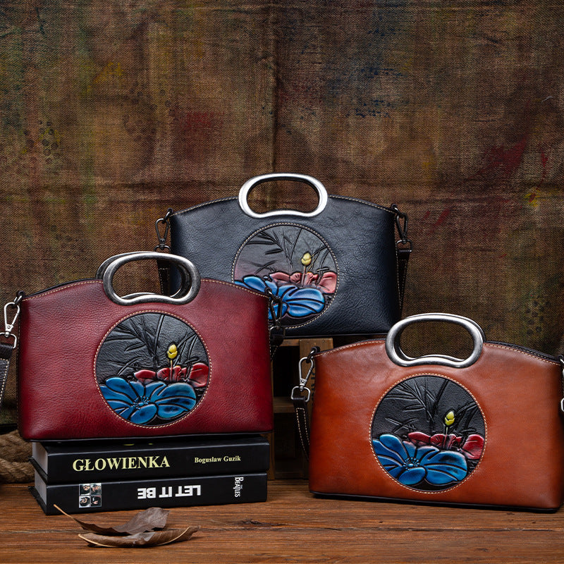 Sac à bandoulière Johnature en cuir véritable gaufré vintage grande capacité pour femme