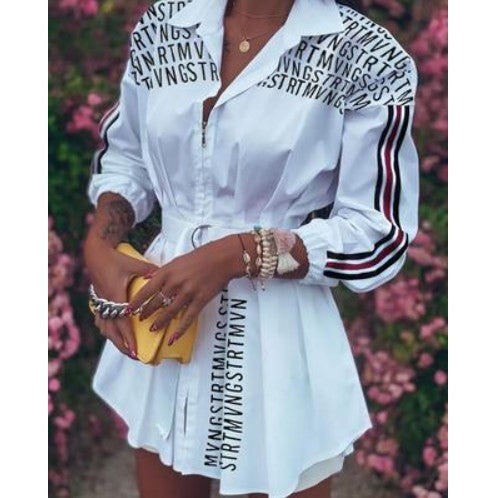 White Pleated Shirt with Waist Tie and Zipper