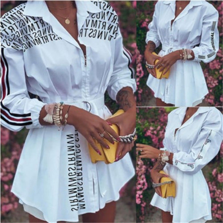 White Pleated Shirt with Waist Tie and Zipper