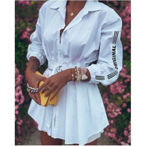 White Pleated Shirt with Waist Tie and Zipper