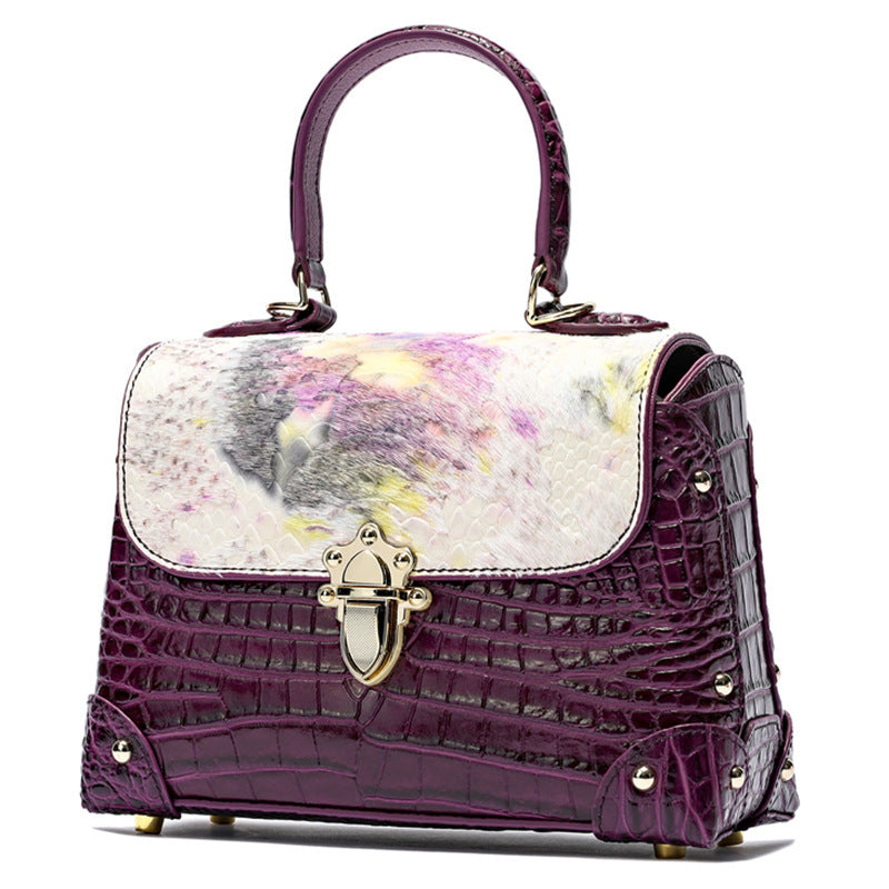 Cowhide Crocodile-Striped Tote Bag 23cm Retro Style