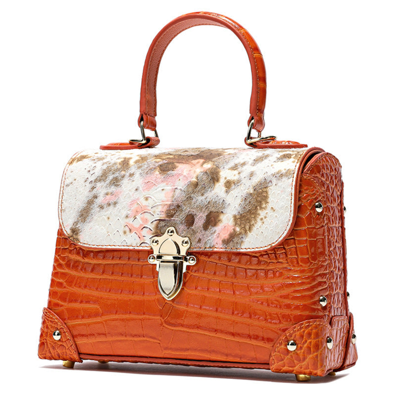 Cowhide Crocodile-Striped Tote Bag 23cm Retro Style