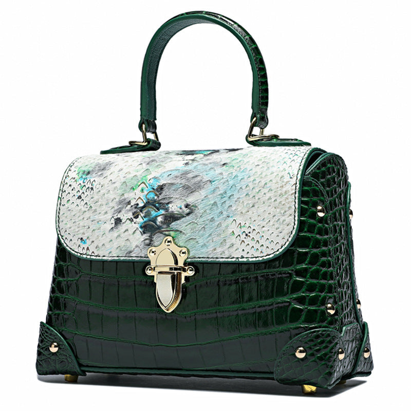 Cowhide Crocodile-Striped Tote Bag 23cm Retro Style