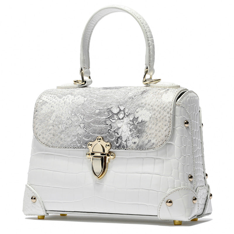 Cowhide Crocodile-Striped Tote Bag 23cm Retro Style