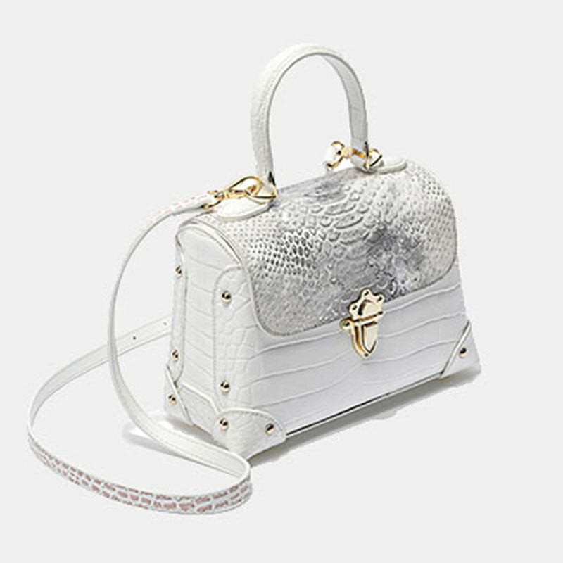 Cowhide Crocodile-Striped Tote Bag 23cm Retro Style